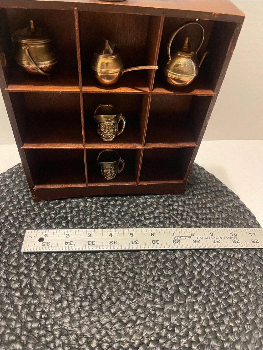 Brass Miniature Tea and Watering Can Set Gold and Brown w/wood shelf, vintage